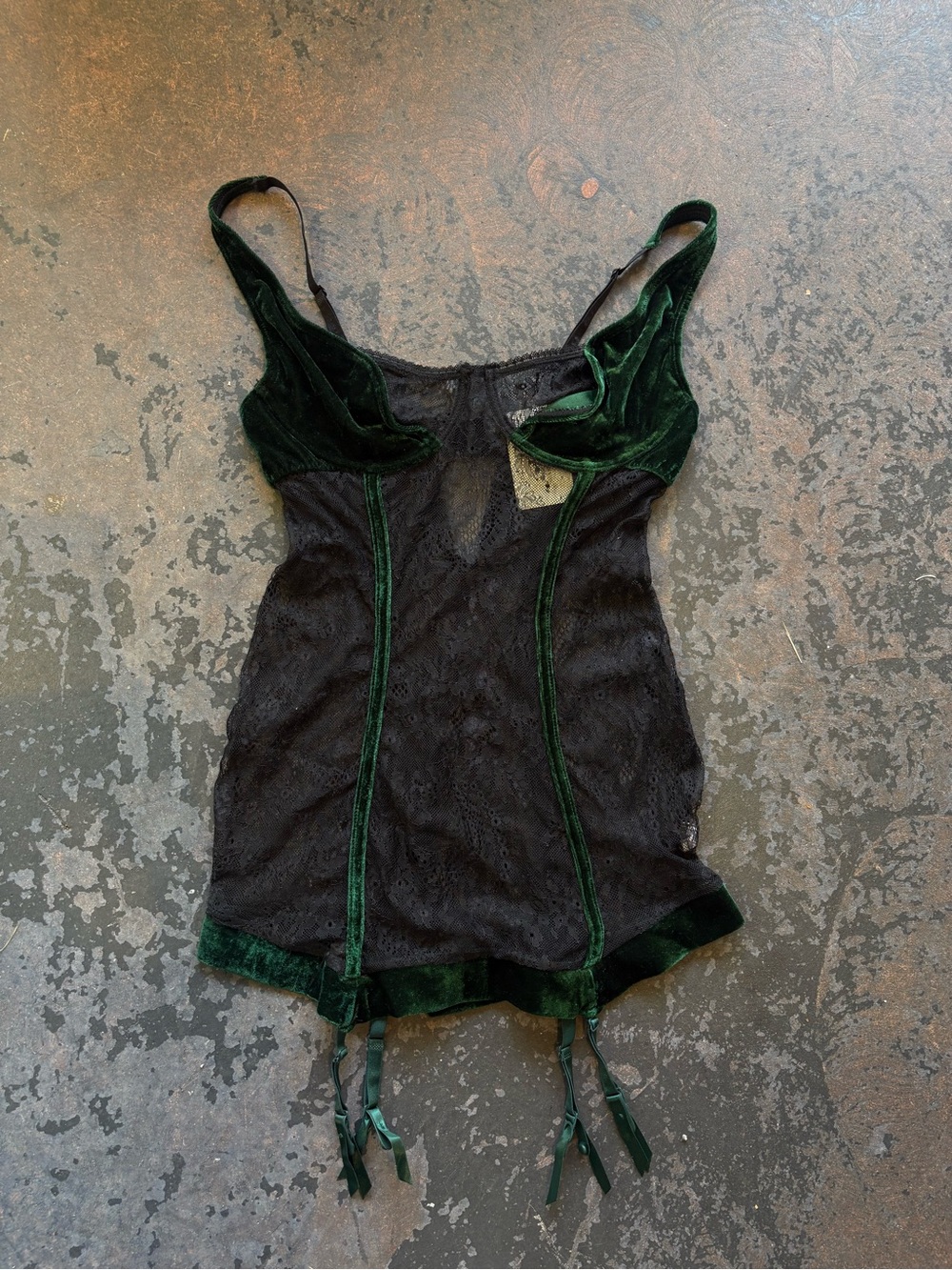 Black Lace & Dark Green Velvet Slip with Garter Straps
